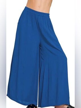 Zenana Rayon Woven Crinkle Pants Classic Blue - NWT Small